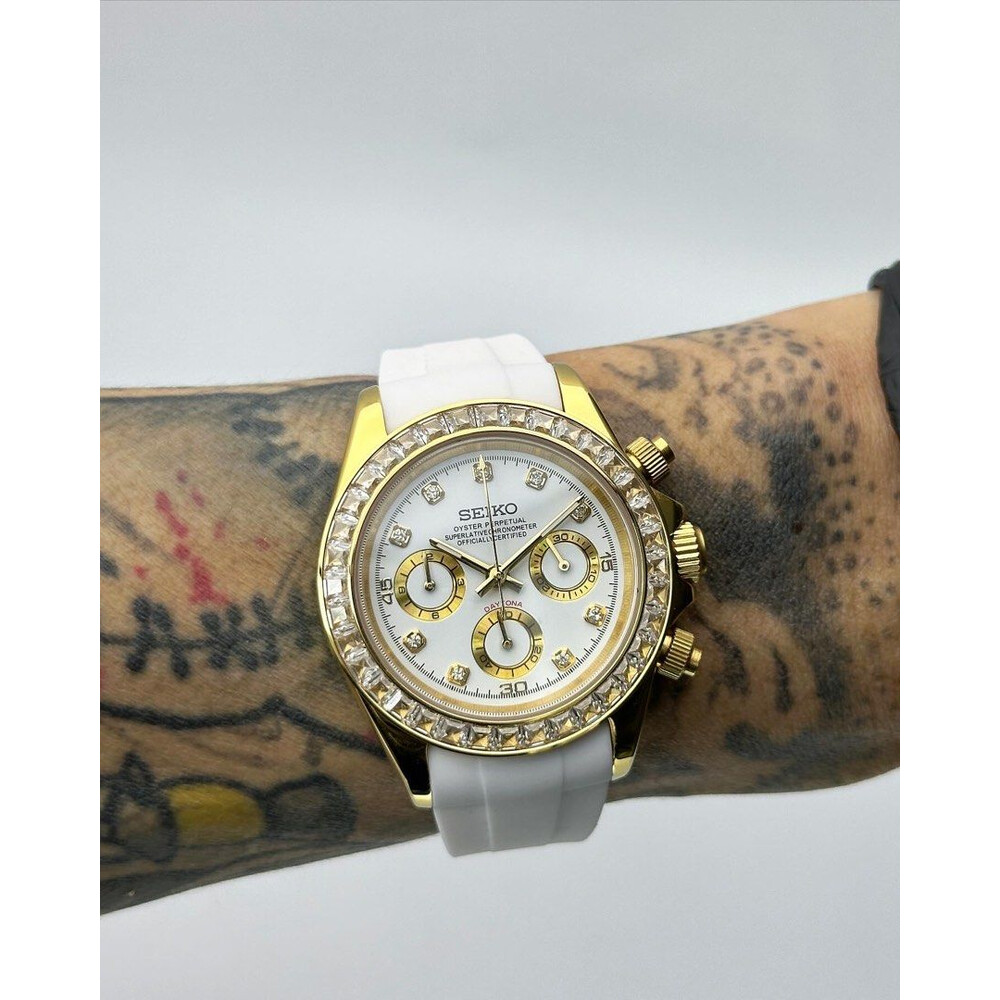 Custom Seiko Mod • Double Diamond White Gold Daytona Quartz Chronograph • 39.5mm